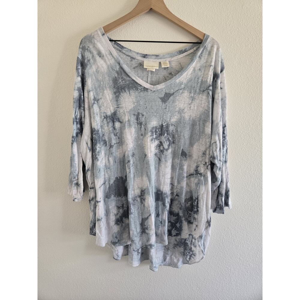 Cynthia Rowley Linen Top 2X White Teal Tie Dye 100% Coastal Beachy Resort Boho